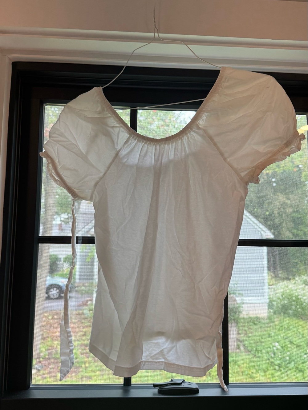 J. Crew White Scoop-Neck Peasant Blouse with Short Puff Sleeves